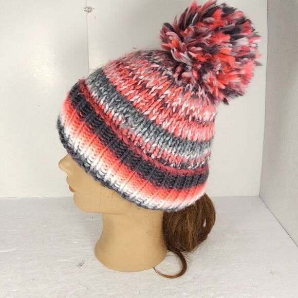 Spyder Women's Twisty Knit Fleece Pink Multi Lined Pom Pom Cuffed Beanie Hat - Picture 2 of 10
